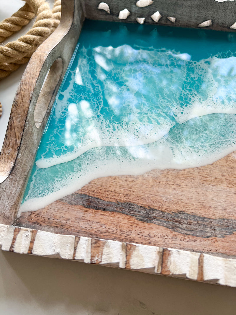 White Bali Style Tray with Teal Waves