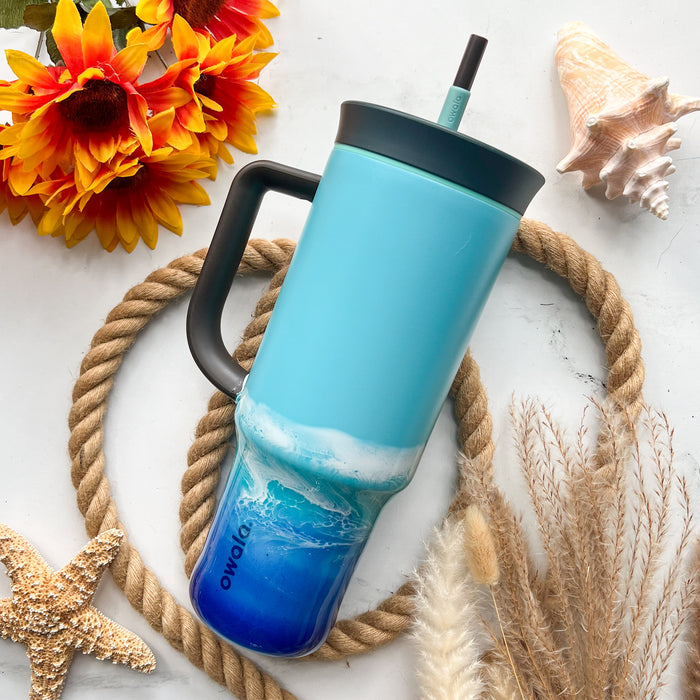 Ocean Waves Blue Owala 40oz Water Bottle with Handle