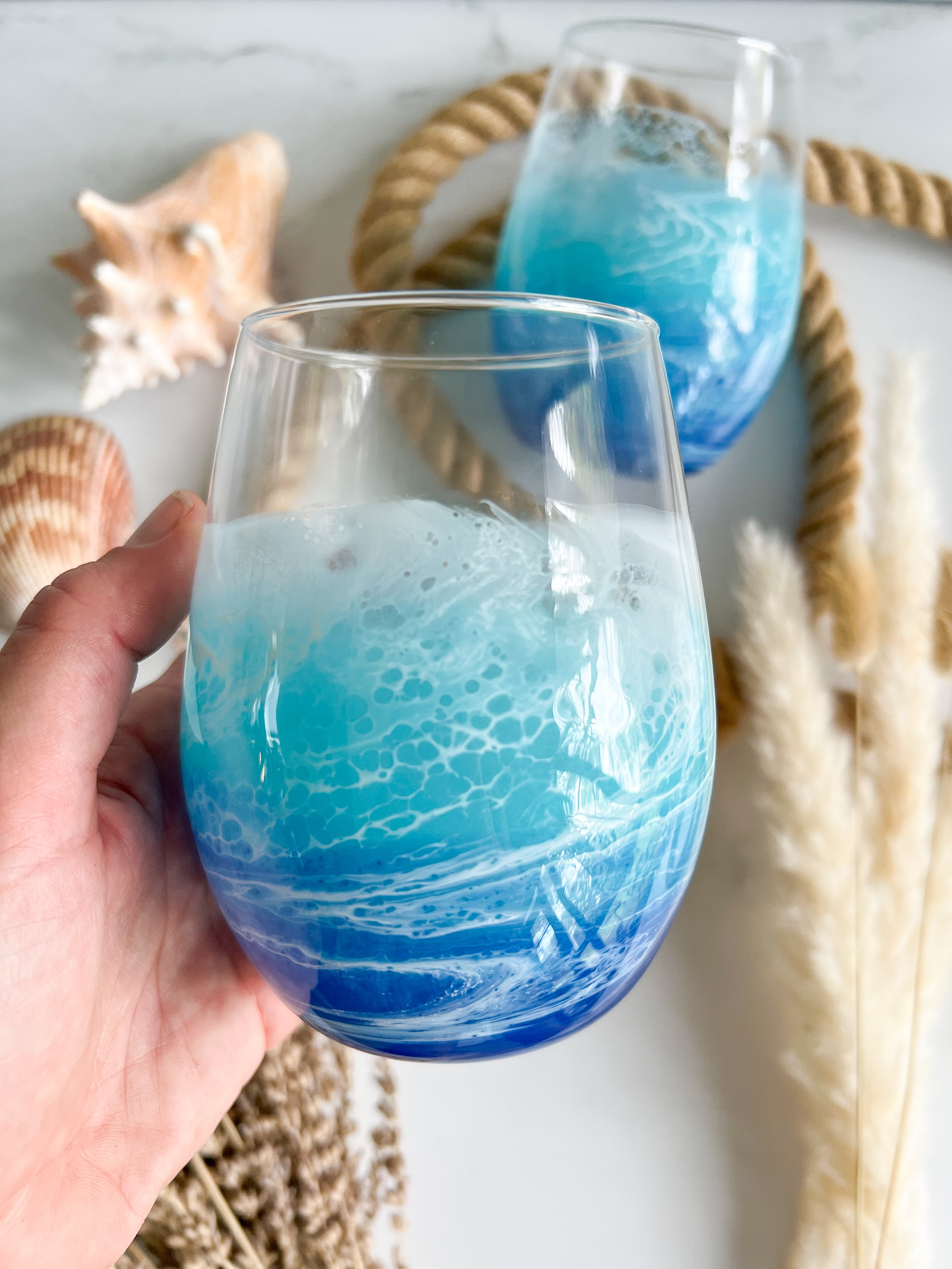 Stemless wine glass online display