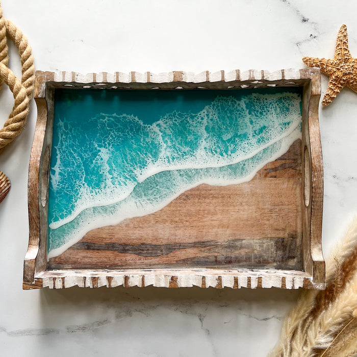 White Bali Style Tray with Teal Waves