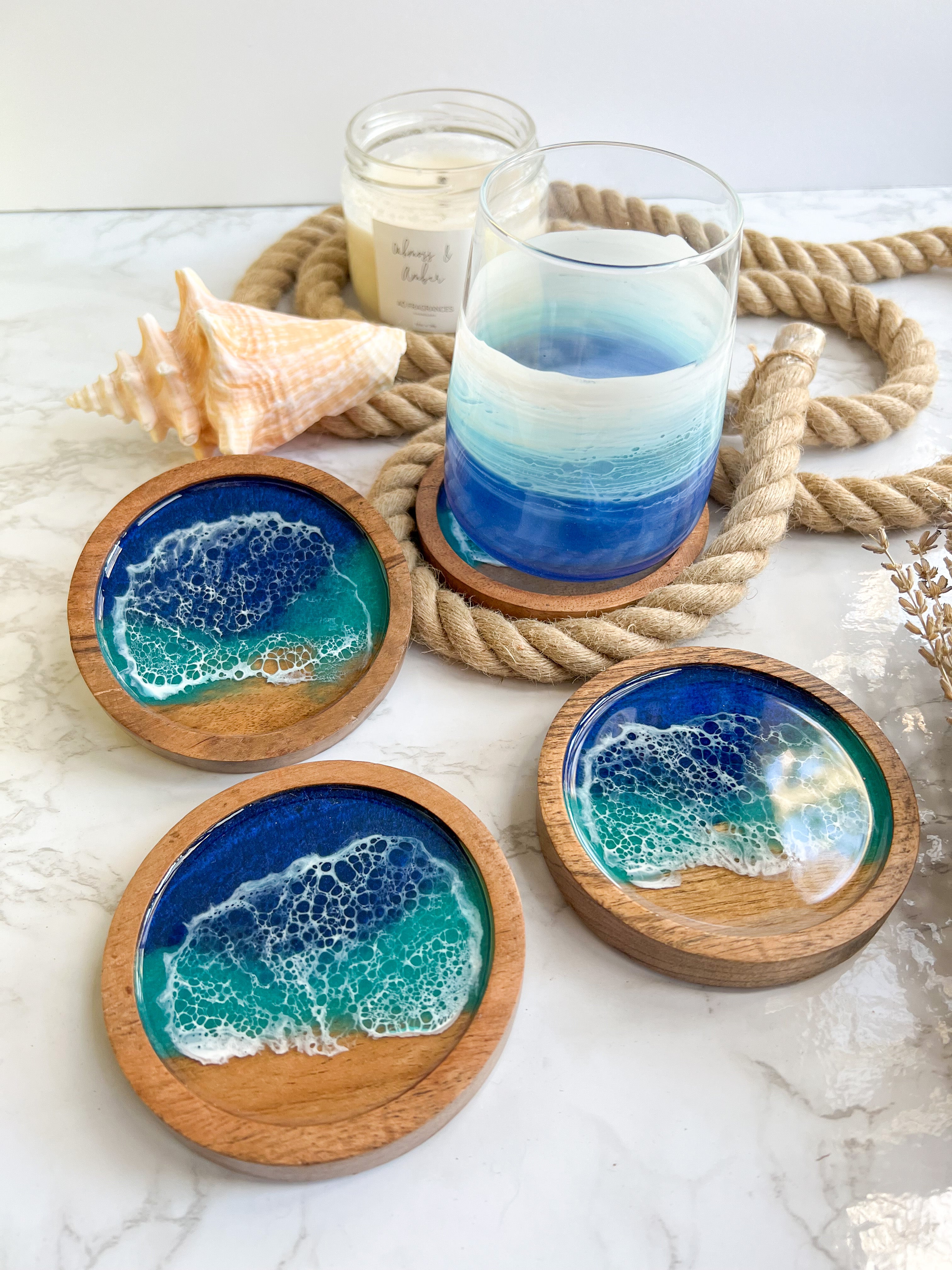 Mini Ocean Wood Coasters – Citrus Waves Art